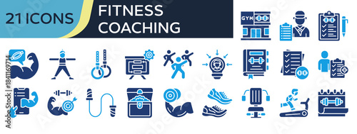 Collection of Fitness Coaching icons, related to Gym, Coach, Exercise, Health Check, Action Plan and more. Solid icons vector illustation.