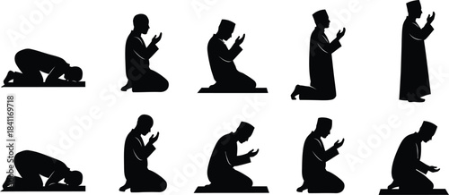 Silhouettes of muslim people in various prayer positions showing devotion