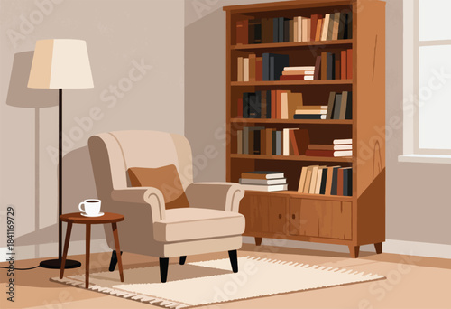 Cozy, illustrated interior featuring armchair, bookshelf, floor lamp, small table with coffee, and window