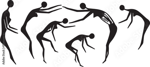 Stylized black and white illustration of figures in a circular dance or ritual