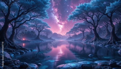 Tranquil Alien Lake Trees Reflection Cosmic Pink Purple Night Sky