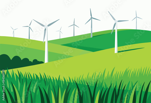Stylized depiction of a grassy landscape with rolling hills, wind turbines and dark green bushes