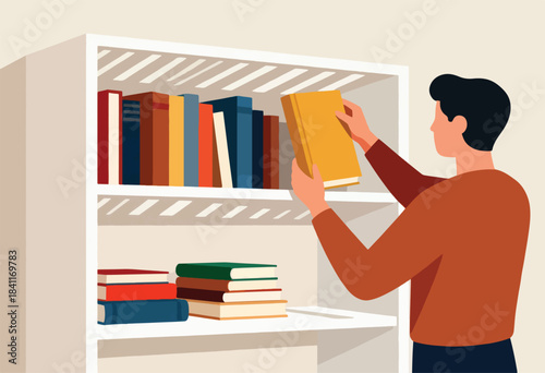 A person in an orange sweater reaches for a yellow book on a shelf filled with books. Clean design