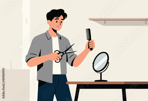 A man in casual attire is looking at himself in a mirror while holding scissors and a comb