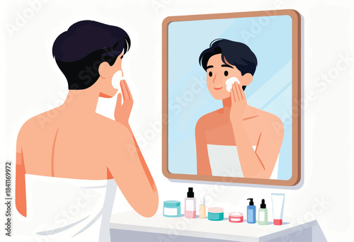 Illustration of a person looking at themself in a mirror while applying skincare products. Bathroom
