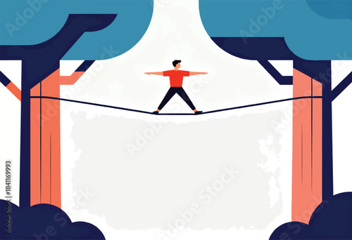 Stylized illustration of a person balancing on a tightrope stretched between stylized trees. Minimalist, modern art