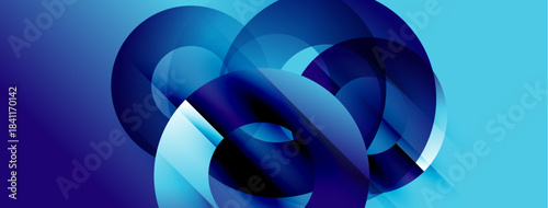 Abstract blue shapes overlap, creating dynamic visual effect. Smooth gradients suggest depth, movement, modern design aesthetic.