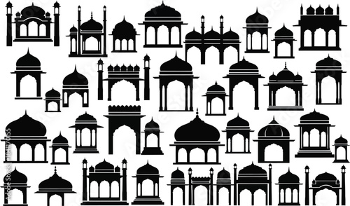 Detailed black and white silhouettes of traditional indian architecture and monuments