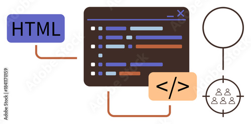 HTML, code editor with syntax lines, coding tags, and target audience symbol. Ideal for web design, development, programming, coding learning, software user-centric design simple flat metaphor