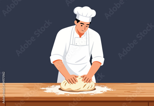 A chef in a white uniform kneads dough on a wooden table, flour dusted, against a dark blue background