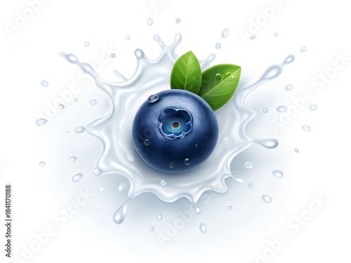 Fresh Blueberry Splashing into Milk or Yogurt with Green Leaves