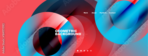 Abstract design features vibrant overlapping shapes. Red, blue hues dominate composition. Navigation links present top right corner. Modern aesthetic.