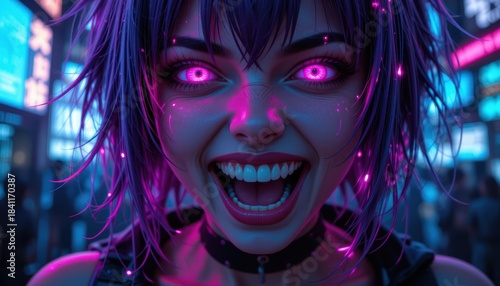 Manic Expression Cyber Woman Bright Pink Glowing Eyes Close-up