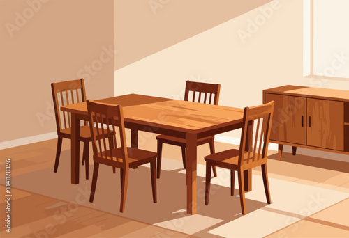 Interior scene of a dining area with a wooden table, chairs, and cabinet. Sunlight filters through a window