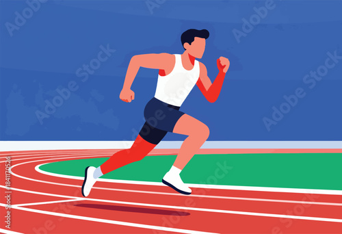 A stylized athlete in mid-stride on a running track. Bold colors define the figure and stadium
