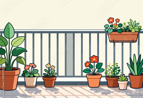 A charming, illustrated balcony scene, featuring potted flowers, plants, and a railing, casting sunny shadows