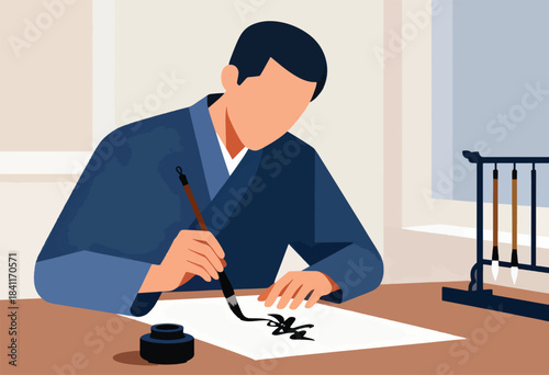 A person in a blue robe, faceless, painting calligraphy with a brush on white paper at a wooden table