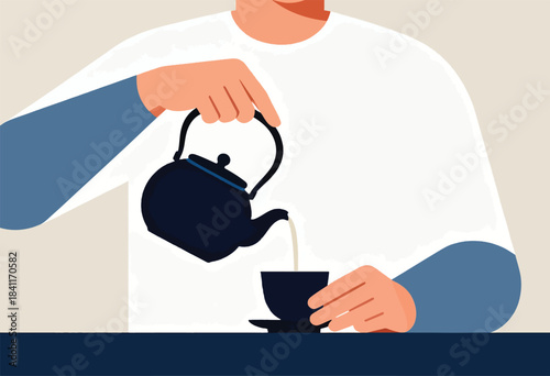 A simplified illustration shows a person pouring from a dark teapot into a teacup. Minimalist style