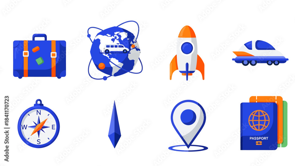 Fototapeta premium A collection of travel and exploration icons including a suitcase, globe, rocket, car, compass, and passports.