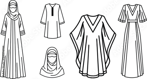 Traditional islamic clothing collection line art vector illustration for design