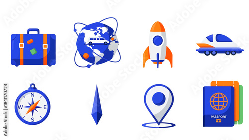 A collection of travel and exploration icons including a suitcase, globe, rocket, car, compass, and passports.