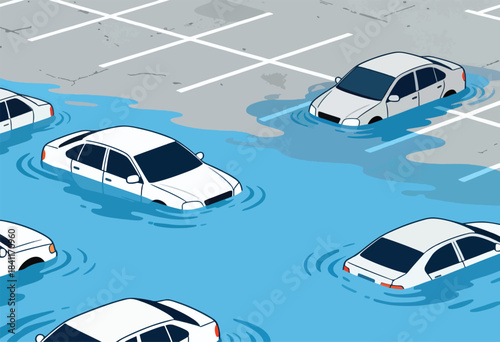 Cars submerged in floodwater in a parking lot, an illustration of environmental disaster