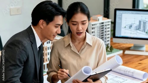 Wallpaper Mural Portrait of male and female architects discussing in office Torontodigital.ca