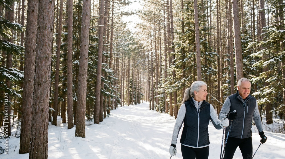 Naklejka premium Active senior couple enjoys cross-country skiing together on a scenic snowy trail through a beautiful winter pine forest.