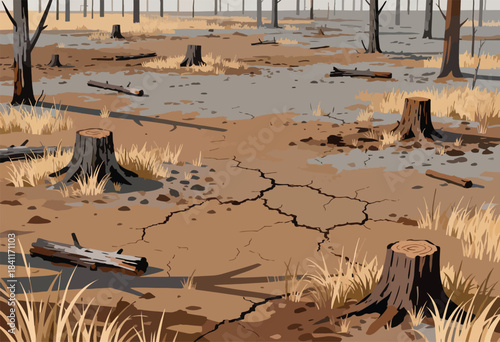 A desolate landscape depicting deforestation, with tree stumps, fallen logs, and cracked earth. Bleak, autumnal colors prevail