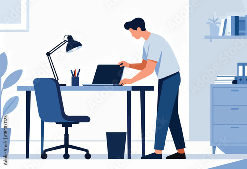 An office scene, a person is at their desk. A laptop is open. There's a plant, shelves & storage