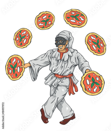 Pulcinella juggling pizza illustration. vector illustration