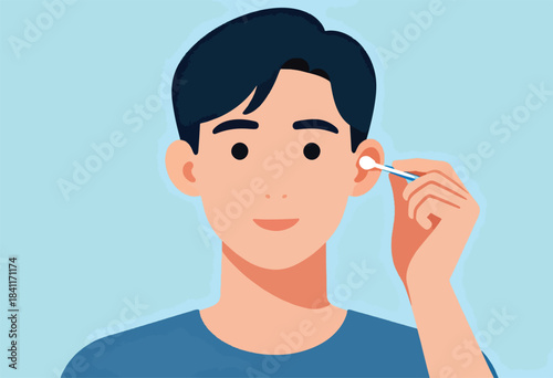 Illustration of a man cleaning his ear with a cotton swab, on a light blue background
