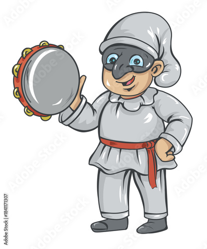  Pulcinella with tambourine cartoon. vector illustration