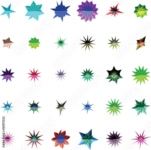 A varied selection of brightly colored geometric star shapes with sharp angles presented on a white surface