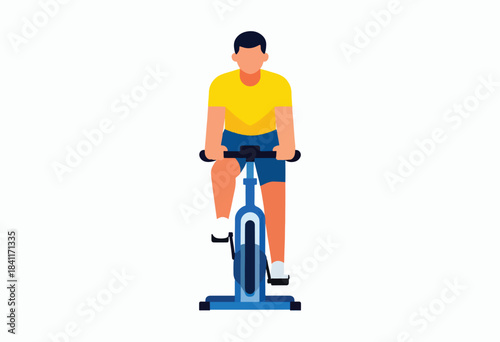 A person in gym attire rides a blue stationary bicycle, presented in an illustration style on a white backdrop
