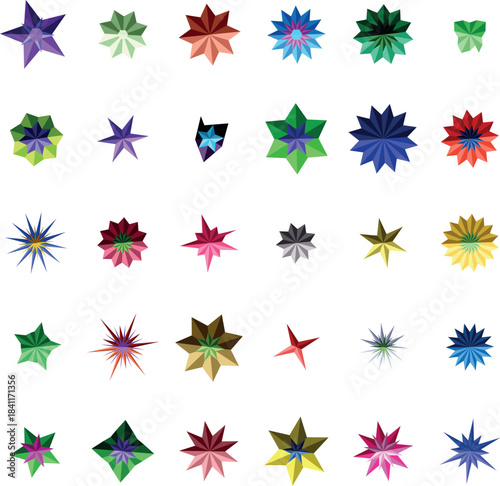 A captivating collection of thirty colorful geometric star shapes arranged neatly on a pristine white background