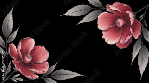Pink Blossom Floral Border | Soft Botanical Flowers & Leaves Illustration on Black.