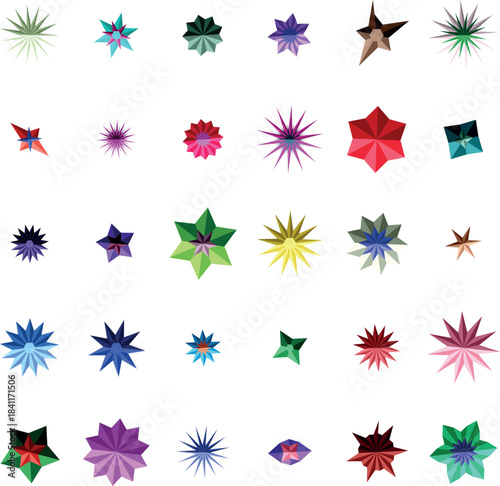 A cheerful assembly presents numerous colorful geometric star forms against a pristine white surface