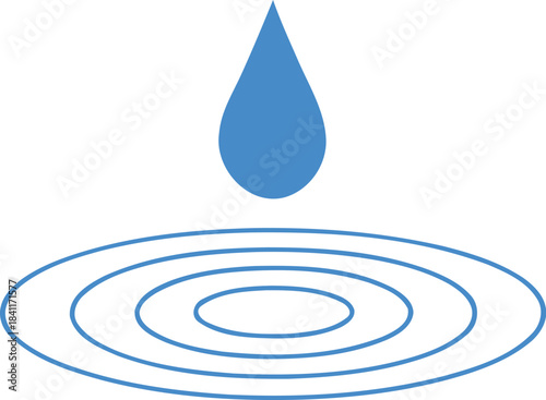 A single blue water droplet falling from above creating concentric ripples on a flat surface representing impact and spreading effect