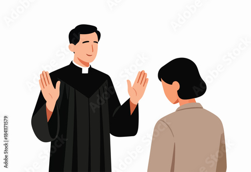 An illustration depicting a clergyman facing a person, the former raising his hands as if delivering a blessing