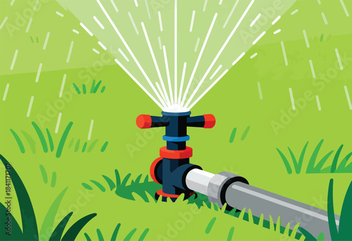 Illustration of a lawn sprinkler with water spraying across grass. The image has a cartoon, graphic style