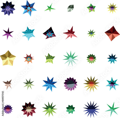 A diverse assembly of colorful faceted star shapes and various geometric objects presented on a stark white background