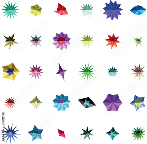A diverse group of vibrant polygonal star formations are neatly organized upon a white canvas
