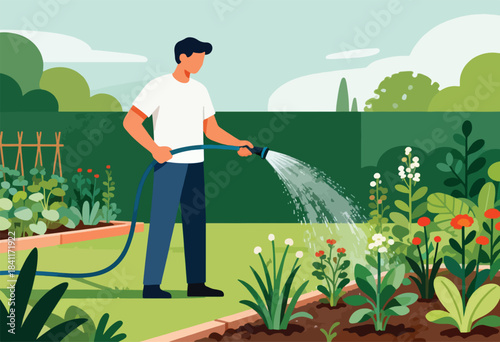 A person waters a flower bed in a garden on a sunny day with green background