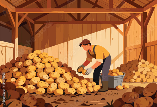 A farmer in a wooden barn harvests potatoes, placing them in a bucket amidst large piles