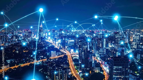 Digital Network Connecting City at Night, Futuristic Technology Concept.