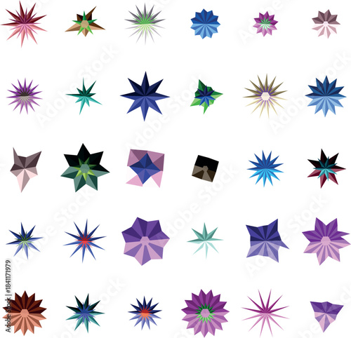 A dynamic compilation of various vibrant geometric starburst shapes and multi colored polygons on white