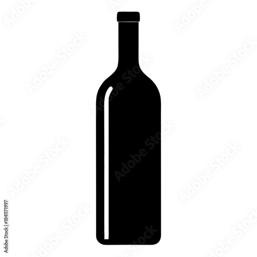 A black silhouette of a tall wine bottle with a narrow neck, cork or cap on top, and a vertical white stripe running down the left side of the bottle