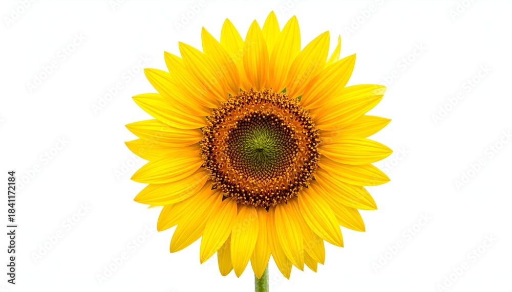 Fototapeta premium Close-up of a vibrant sunflower, bright yellow petals against a plain white background
