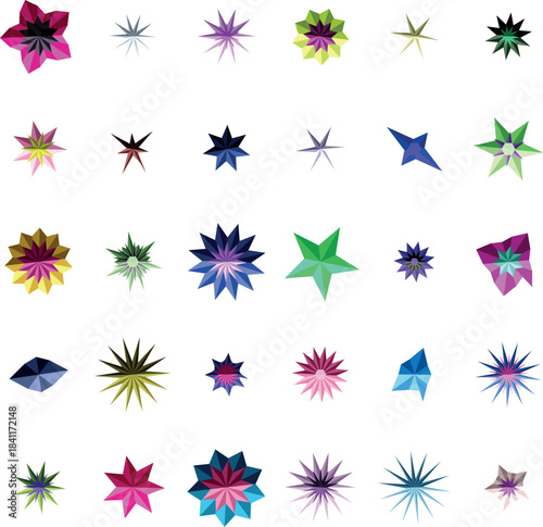 A mesmerizing grid of colorful geometric star shapes with varied facets on a pristine white surface